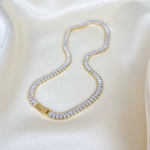18K Gold Plated CZ Baguette Tennis Necklace - Picture 3 of 12
